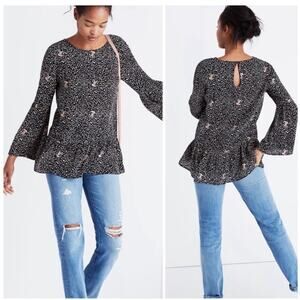 Madewell Silk Fiesta Black Paisley Grandma Cottage Peplum Bell Sleeve Top XXS